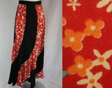 Size 10 Hippie Skirt - 1970s Black & Daisy Spiral Design with Unique Seaming - Waist 29 Hip 40 - Boho Bohemian Fall Autumn - Red Orange