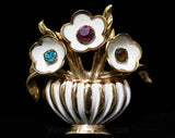 1940s Potted Plant Brooch - Late 40s Early 50s Deco Flower Arrangement Pin - Multi Color Rhinestones, White Enamel, & Goldtone Metal