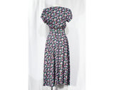 Size 8 1990's Dress - Romantic 1940s Style Floral Full Skirted Dress with Black Rose Buttons - Lavender Turquoise Chartreuse - Waist to 28