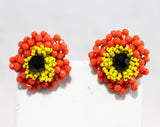 Vendome Brooch & Earrings - Orange 1960s Beaded Flowers - Tangy Summer Colors - Designer 60s Demi Parure - Hand Wired Beads - 50593