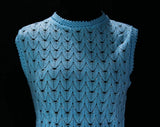 XXS Blue Knit Shell - 1960s Sky Blue & Metallic Silver Summer Top - Sleeveless Sheer Knit Shirt - 60s Deadstock - Mint Condition - Bust 32