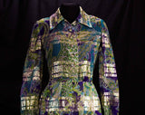 Size 6 Purple Teal Green Cocktail Dress - 60s Couture Quality Design - Exquisite Sheer Silk Chiffon & Metallic Striped Brocade - Bust 34