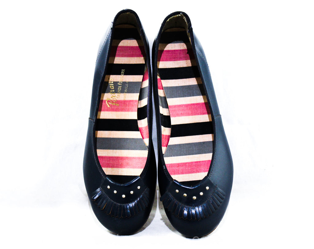 Small Size 1950s Navy Shoes - Size 5 Dark Blue Ballet Flats with Leather Fringe & Studs - Low Heels - 40s 50s Bobby Soxer Deadstock