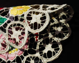 1930s 40s Embroidered Lace Centerpiece - Hand Sewn German European Embroidery - Round Doily Handmade Lace - Red Pink Green Blue Botanical