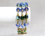 Blue & Green Beaded Glass Bracelet - Triple Strands - Gorgeous 1950s 1960s Jewelry by Corocraft - Sapphire Peridot Aurora Borealis - 50450