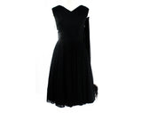 Size 10 Black Cocktail Dress - Gorgeous 1950s Full Skirted Formal with Goddess Chiffon Drape & Shoulder Fall - NWT Deadstock - Waist 28.5