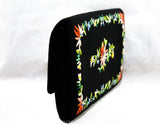 Asian Black Evening Handbag with Exquisite Embroidery - 1950s Formal Purse - Burnt Orange Blue Green Flowers - 50's Far East Envelope Clutch