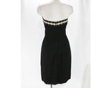 Size 8 Strapless Black Dress - 1950s Silk Chiffon & Crepe Cocktail with Gingham Ribbon Neckline - 50s Small Fitted Audrey LBD - Bust 35