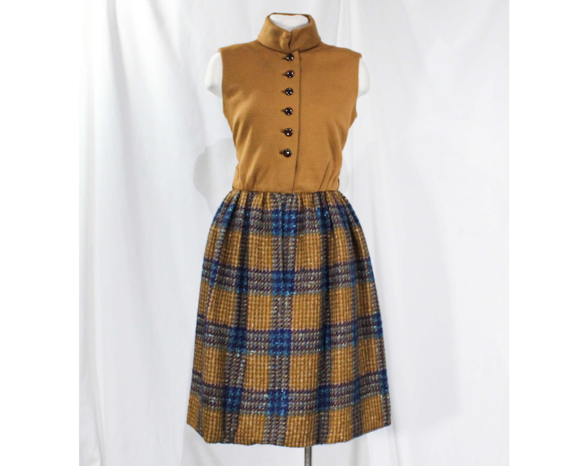 Size 4 Mod Designer Dress 1960s Brown Turquoise Blue Sleeveless Of Vintage Vixen Clothing