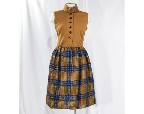 Size 4 Mod Designer Dress - 1960s Brown & Turquoise Blue Sleeveless Office Dress - 60s High End Label - Italian Designer Sarmi - Bust 35