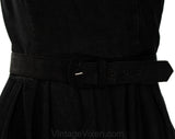 Size 10 1950s Wrap Dress - Terrific Black Corduroy Swing Era 50s Full Skirted Frock with White Rhinestone Lapel - Fit & Flare - Waist 28