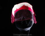 1960s Fuchsia Pink Hat with Veil - White Feathers & Vivid Bright Velvet - 60s Femme Millinery - Spring Summer Confection Style with Veiling