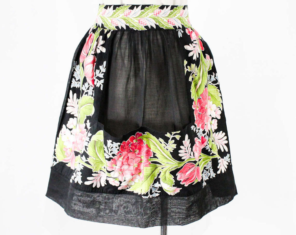 1940s Sheer Black Apron with Botanical Spring Flowers Trim - Size Large - Waist 30 to 34 - Half Apron - 40s 50s Cotton Organdy - 48410