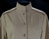 Size 6 Khaki Jacket - 1970s Casual Chic - Sophisticated Windbreaker - 70s Tan Cotton - Chocolate Brown Leather Piping - Bust 35.5 - 46805
