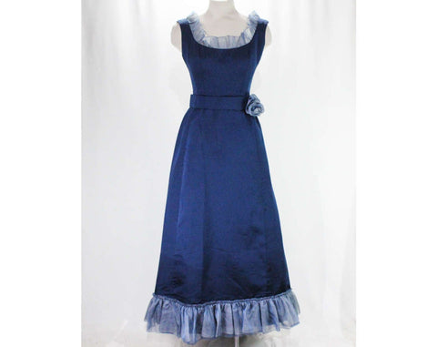 Size 8 Evening Dress - Navy Blue Silk Formal Gown - Picturesque 1960s Sleeveless Summer Dress - Organza Ruffles & Flower Corsage - Bust 35.5
