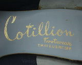 Size 8 Shoes - 1950s Navy Shoes with Asian Pagoda Style Gold Metal Detail - B Width Shoe - 8B Dark Blue Heels - Cotillion NOS Deadstock
