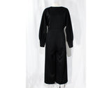 Large Palazzo Jumpsuit - Dramatic Black 1970s One-Piece Pantsuit - Bold 70s Outfit - Size 14 Long Sleeved Zip Front Jump Suit - Waist 34.5