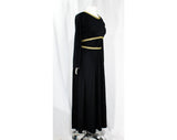 Size 8 Black Evening Dress with Gold Braid - Gypsy Goddess 60s 70s Ankle Length Jersey Knit Gown - Metallic Trim - NWT Loungecraft - Bust 38