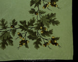 1950s Autumn Tablecloth - 49.5 x 53.5 Inches - 50s Novelty Print Acorns Nuts Oak Leaves - Tan Brown Metallic Gold - California Hand Print