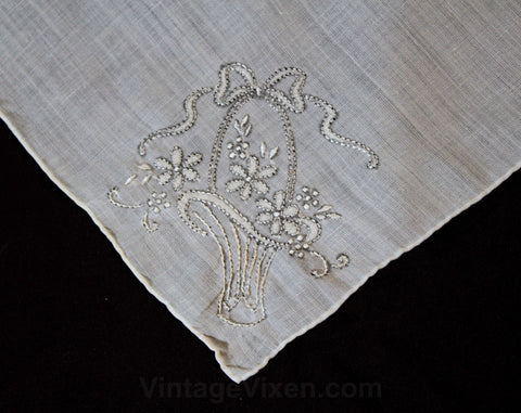 Embroidered 40s Handkerchief - Sheer Fine White Cotton with Bride's Basket Embroidery - Pretty 1940s 50s Hope Chest Linen - 12 Inches Square