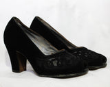 Size 4.5 Black 40s Shoes - Unworn 1940s Suede Heels with Curlique Appliques - 4 1/2 Small Sized Open Toe Pumps - Post WWII Era NOS Deadstock