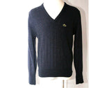 Vintage Izod Lacoste Men's Charcoal Sweater - Size Large Mens Dark Gray V Neck Pullover - Preppy 1960s Alligator Crocodile Logo - 38264-1