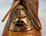 Size 9.5 Antique Style Shoes - Faux Alligator Caramel Brown Leather Heels - Bronze Gold Metallic Lace Up Oxford Pumps by Desiree - Point Toe