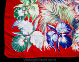 1940s Tropical Floral Rayon Scarf - 40s Red Blue Green Iris Flowers & Palm Leaves - Exuberant Pacific WWII USO Style Swing Era Head Wrap