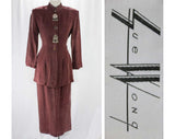 Size 0 Designer Suit - 1980s Sue Wong - Two-Piece Silky Wine Tailored Jacket & Skirt - Primitive Jewelry Accents - High Collar - Waist 24