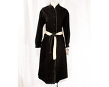 Size Medium Large Rain Coat - Black Cotton Canvas with Khaki Trim - 1970s 80s Button Front & Tie Belt - NWT 70s Deadstock - Bust 39