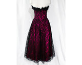 Size 2 Strapless Cocktail Dress - Gunne Sax Magenta Pink Satin & Black Lace Saloon Girl Style Gown - XS Boned Bodice Full Skirt - Bust 31.5