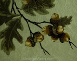 1950s Autumn Tablecloth - 49.5 x 53.5 Inches - 50s Novelty Print Acorns Nuts Oak Leaves - Tan Brown Metallic Gold - California Hand Print