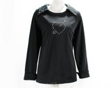 XL 1970s Sweetheart Shirt - Size 20 Black Polyester Knit with Heart & Arrow Studs - 70s Studded Casual Valentine Top - Long Sleeve - Bust 46
