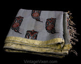 Indian Sari Fabric - 1950s 60s Paisley Block Print Cotton - Gray Terracotta Orange Black - Metallic Gold Border - Knotted Fringe - Yardage