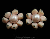 Pink 1950s Cluster Earrings - Spring Pastel Pink Plastic 50s Beads & Faux Pearls - Hand-Strung and Wired - Clip-on Earrings - Japan - 50498