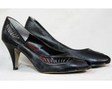 As Is Size 7 Shoes - Sexy 1980s Black Asymmetric Peep Toe Heels - Cutout Leather Stripes - 3 Inch Date Night Heels - Unworn 80s Deadstock