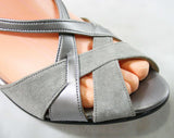 Deco Style 70s Sandals - Size 8 M - Metallic Silver & Gray Suede 1970s Shoes - Deadstock - Peep Toe - Slingback - Hush Puppies - 43219-4