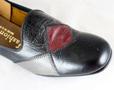 Size 6 Mod 1960s Shoes - Patchwork Leather Pumps - Sharp Black Gray & Maroon Stitched Patches - Chic Secretary Style - NOS 60s Deadstock