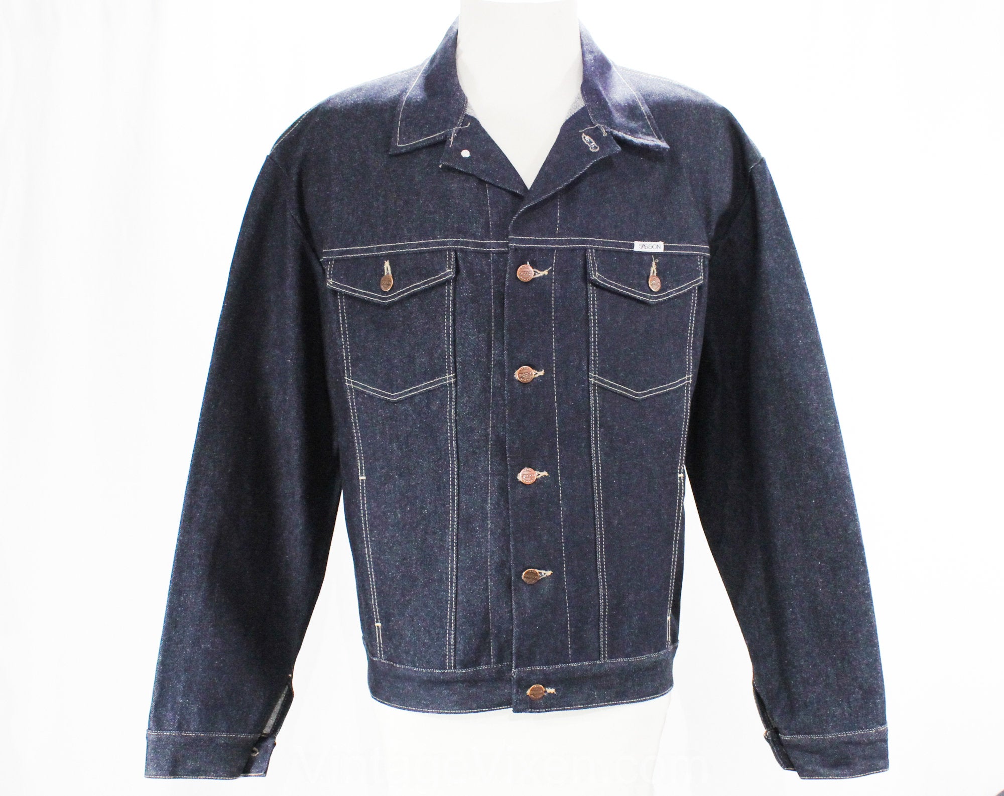 XL Men's 1980s Denim Jacket - 80s Dark Indigo Blue Jean Preppy