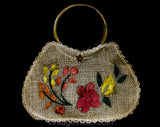 Cute Summer Purse with Wooden Handles - 60s 70s Hippie Handbag - Summer Tote Bag - Natural 1970s Boho Chic - Pink Yellow Green Beige