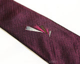 Men's 50s Skinny Tie - Aubergine Silk 1950s Necktie with Geometric Triangles Accent - MidCentury Mens Business Wear - Brown Fuchsia White