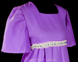 Girl's Size 10 Purple Dress - Old Fashioned Antique Style Costume - Late 1960s Hippie Girls Empire Maxi Gown with Victorian Style Roses Trim
