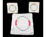 1920s Tea for Two - Hand Embroidered Tea Caddy Place Mat & Two Teacup Saucer Squares - Pink Daisies and Black Embroidery Polka Dots on Linen