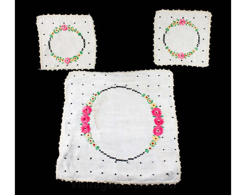 1920s Tea for Two - Hand Embroidered Tea Caddy Place Mat & Two Teacup Saucer Squares - Pink Daisies and Black Embroidery Polka Dots on Linen