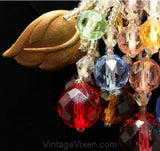 Exceptional 1930s Brooch - Fruit Salad Glass Berries Fringe & Metal Leaves - Authentic 30s Pin - Red Blue Gold Green Lavender Beads 32980