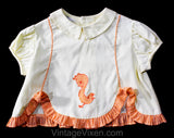 1950s Baby's Summer Dress - Chicken Novelty Gingham 50s 60s Infant's Frock - Size 18 Months Girl Yellow & Orange Dress - Picnic Check