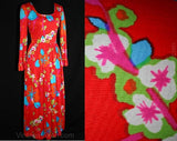 Size 8 Red Asian Print Dress - Mod 1960s Cherry Blossoms Maxi Dress - Vivid Florals Far East Long Sleeve - Bust 36 - Late 60s Early 70s
