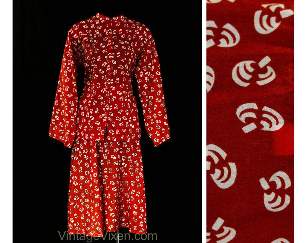 Size 6 Novelty Print Dress - Art Deco Style Silk Top & Skirt - Paprika Red Boho Mushrooms Trees - Asian Style Long Sleeve Tunic - Waist 26