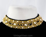 Size 8 Black Velveteen Top with Jeweled Choker Collar - 1960s Cocktail Hour Formal Blouse - Chic Sleeveless Mid Century Regency - Bust 35.5