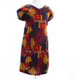 Size XL 60s Dress - Red Patchwork Print Cotton House Dress - Size 16 Summer Zip Front 1960s Sheath - Blue Brown Yellow Plaid - Bust 42.5